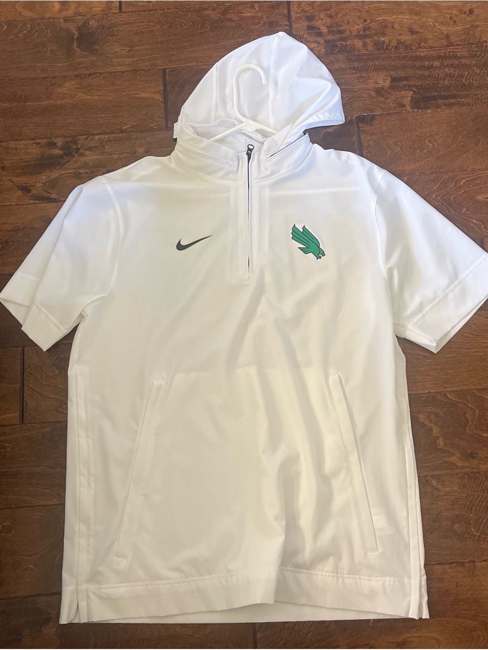 Nike White Short-Sleeve Hooded Swim Rash Guard with Green Logo